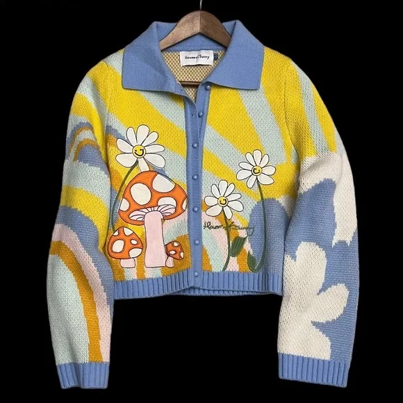 House of Sunny Cardigan Mushroom Daisy Flower Rainbow Sunshine Long Sleeve Sz 10 - Picture 9 of 11